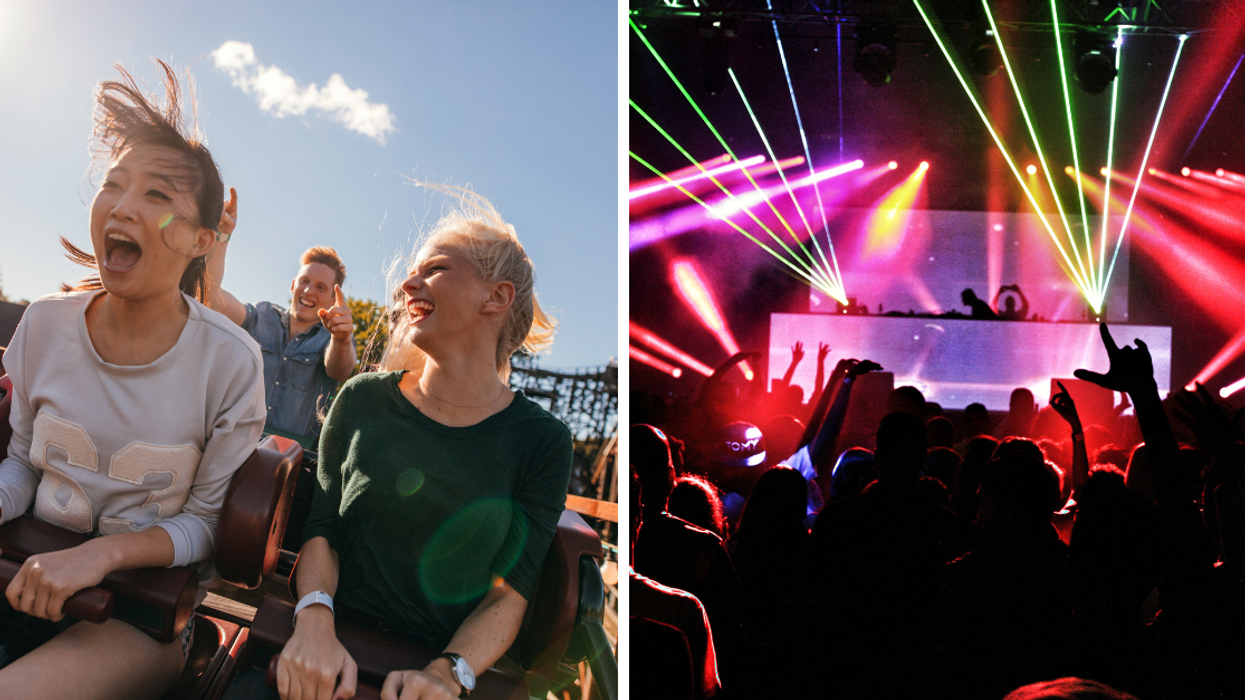 Two people scream on a rollercoaster. Right: A neon light show at a dance party.