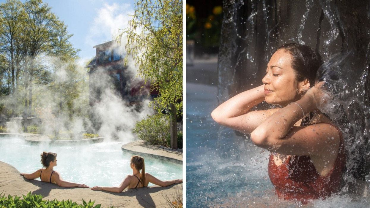 Two people sit in an outdoor thermal pool at Scandinave Spa Blue Mountain. Right: A woman sits beneath a cold plunge wall.