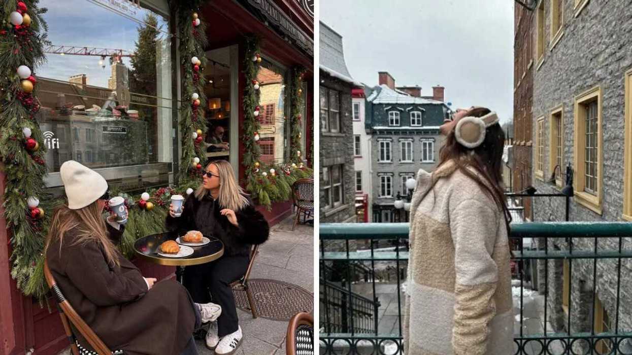 Two people sitting at a cafe. Right: A person standing by historic buildings.
