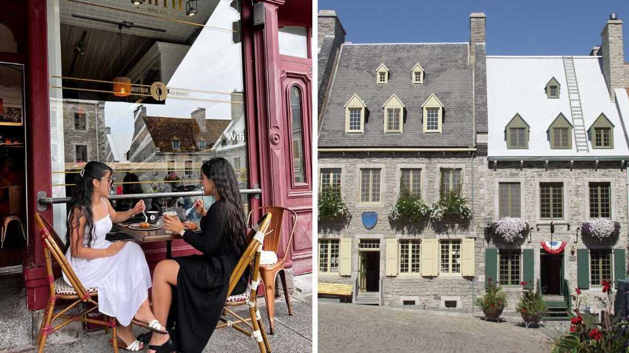 Two people sitting at a cafe. Right: Historic stone buildings.