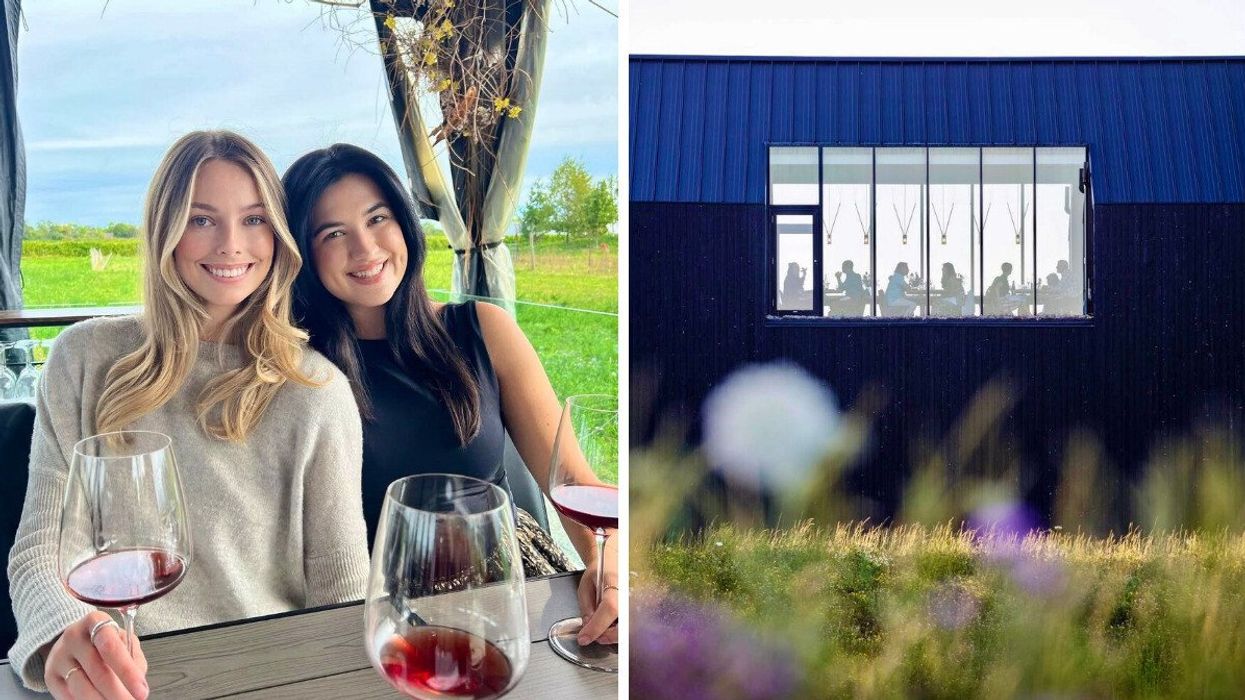 Two people sitting at a restaurant. Right: A restaurant in a field.