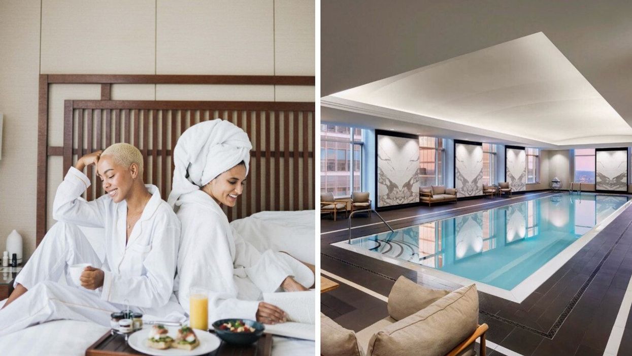 Two people sitting on a bed with breakfast. Right: An indoor pool.