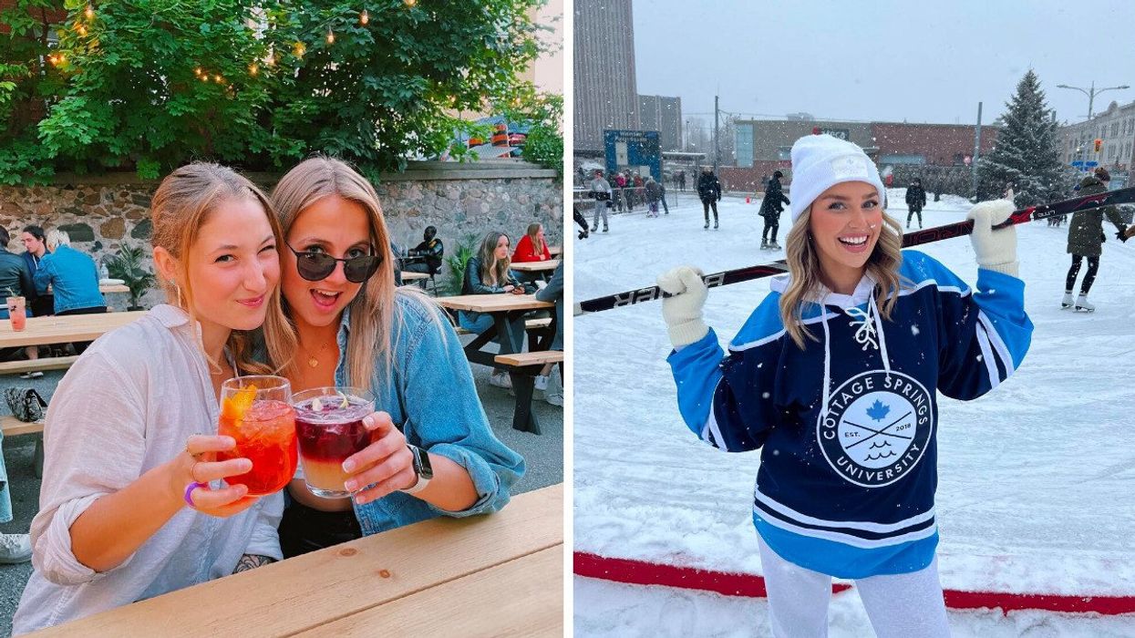 Two people sitting on a patio holding drinks. Right: A person holding a hockey stick.