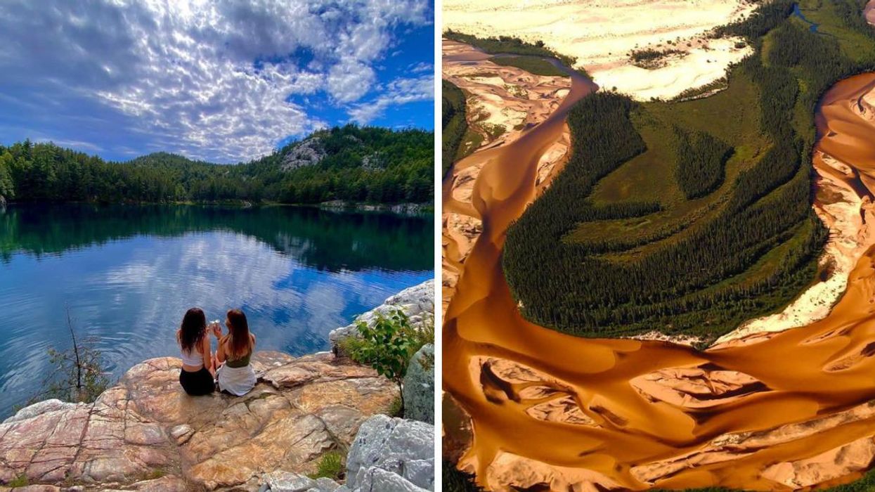 Two people sitting over looking a lake and mountains. Right: Sand dunes from an aerial shot.