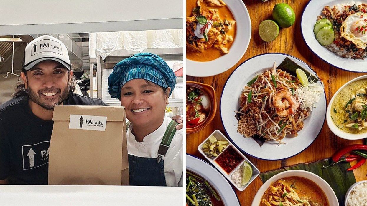 Two people smiling at the camera with a takeout bag between them. Right: An assortment of Thai dishes on a table.