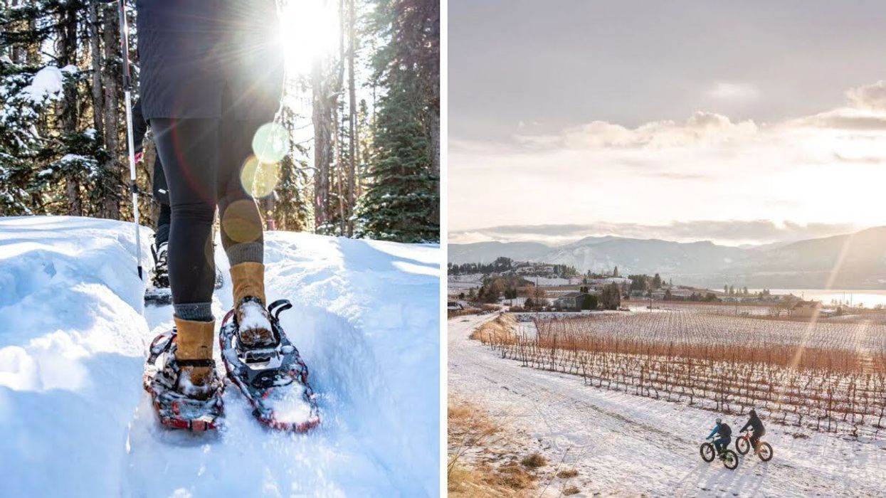 Two people snowshoe through a forest trail. Right: Two people ride bikes on the snowy Kettle Valley Rail Trail.