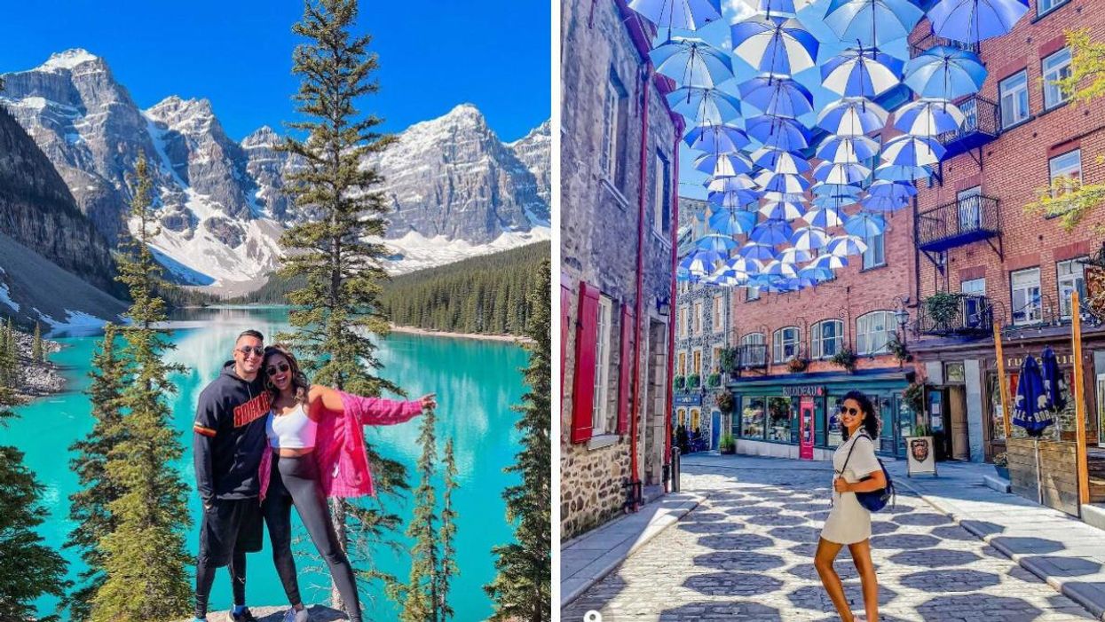 Two people stand in front of Moraine Lake. Right: A woman stands in a Quebec City cobblestone street.