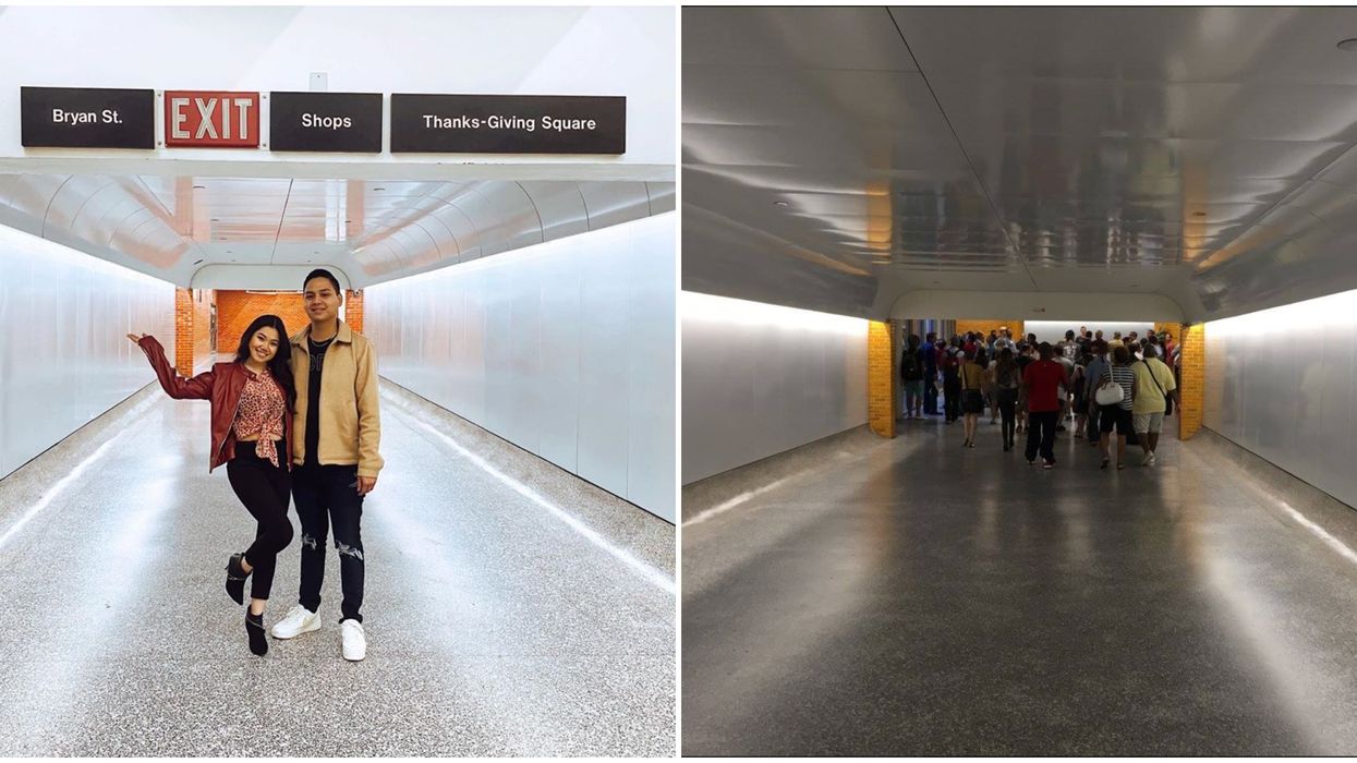 Two people stand in the tunnels. Right: People walking through the tunnels.