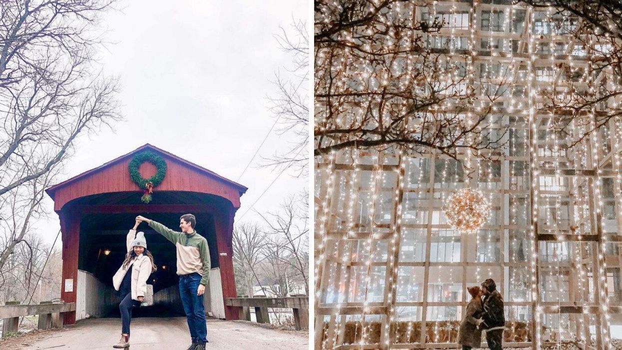 Two people standing by a covered bridge. Right: A couple kissing under Christmas lights.