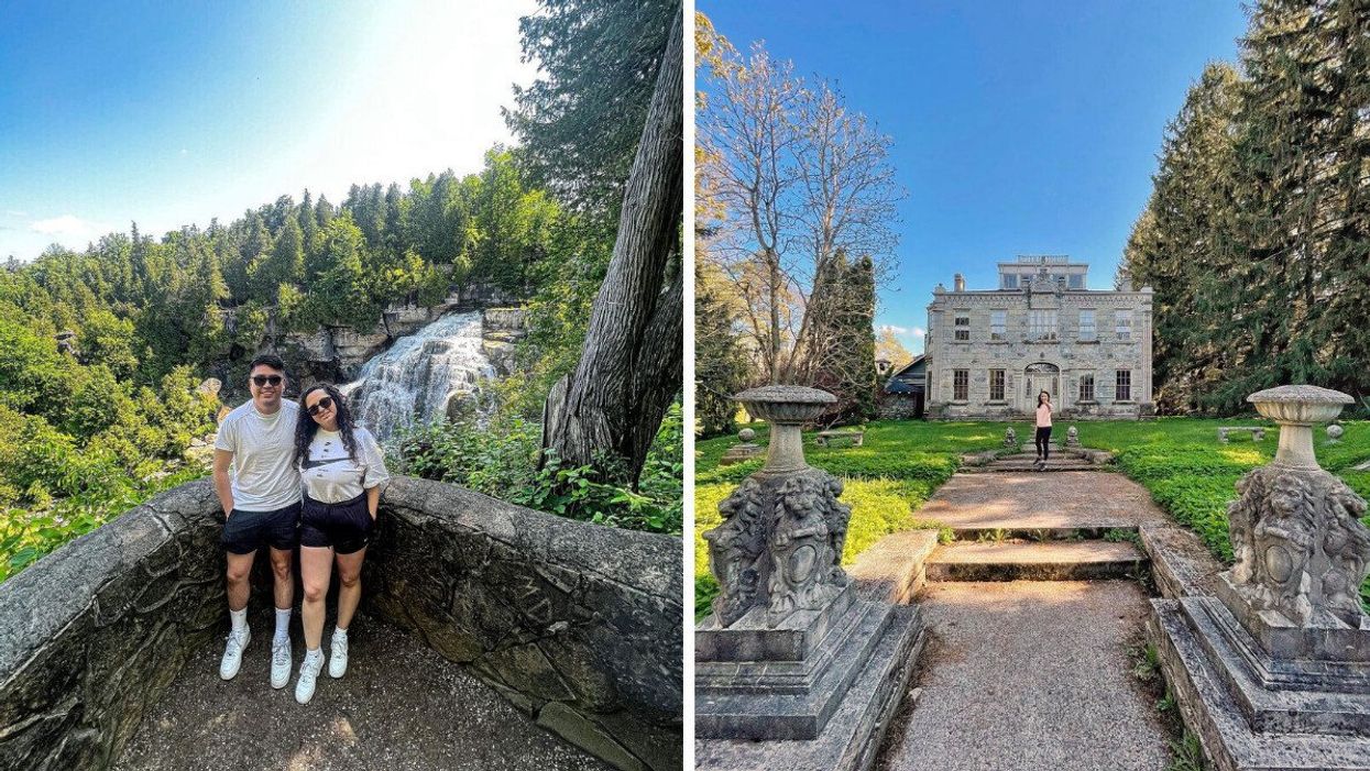 Two people standing by a waterfall. Right: A person standing by a historic building.