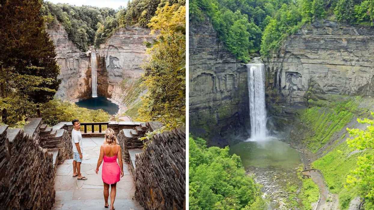 Two people standing by a waterfall. Right: A waterfall tumbling into a gorge.