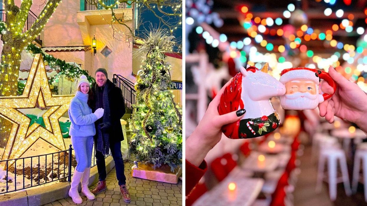 Two people standing by Christmas decor. Right: Two Christmas-themed mugs.