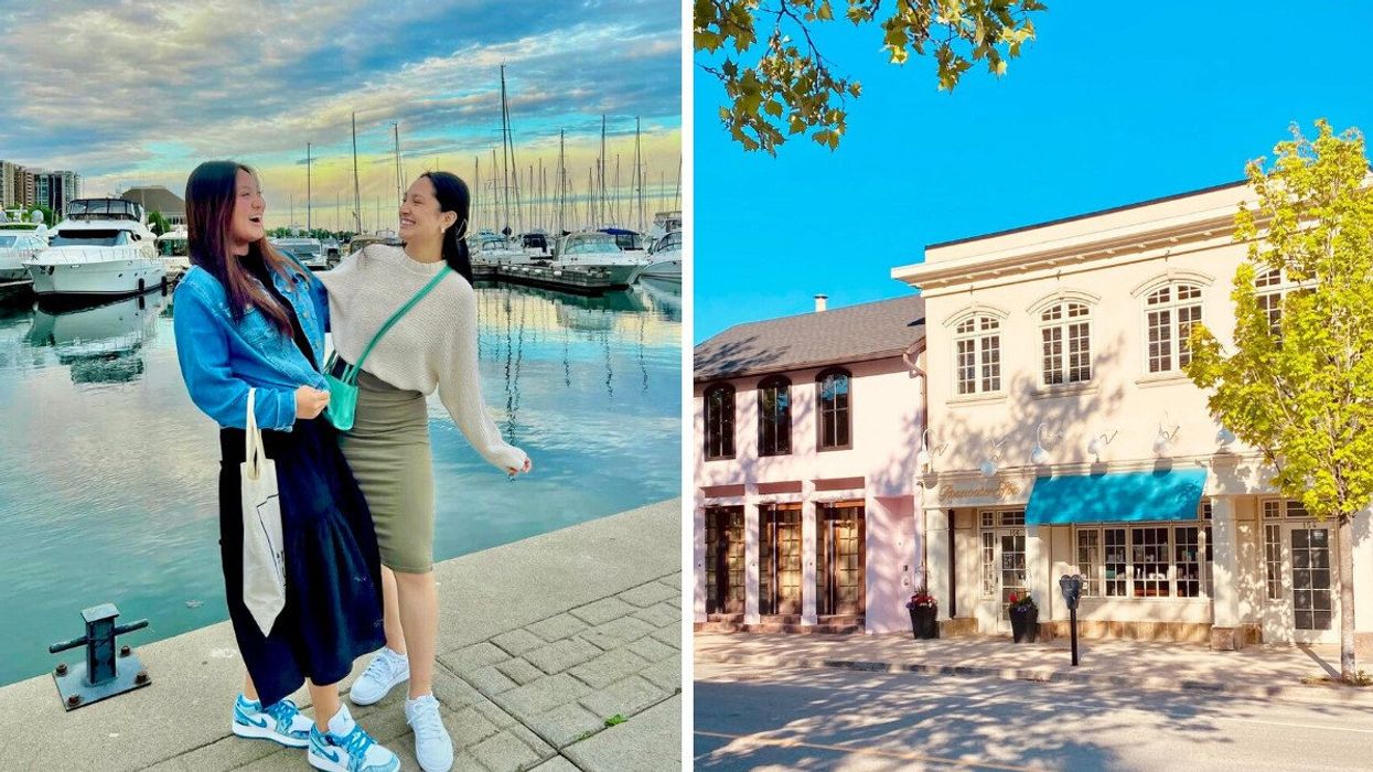 Two people standing in a harbour. Right: A quaint street.