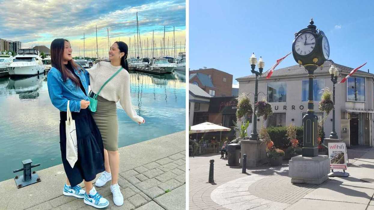 Two people standing in a harbour. Right: A street with a clock.