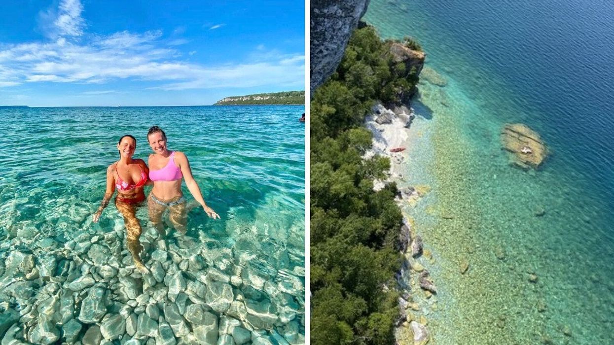 Two people standing in the water. Right: Turquoise water along a rocky shore.