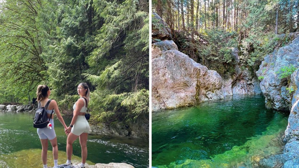 Two people standing next to the swimming hole. Right: A swimming hole.