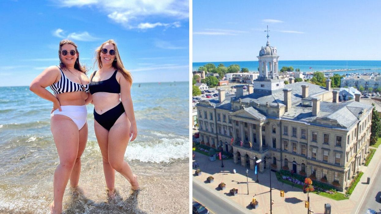 Two people standing on a beach. Right: A historic building.