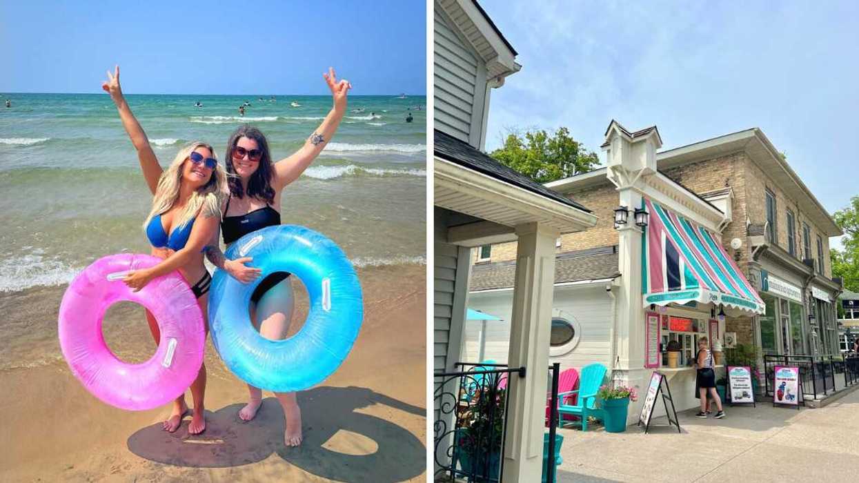Two people standing on a beach. Right: A historic small town.