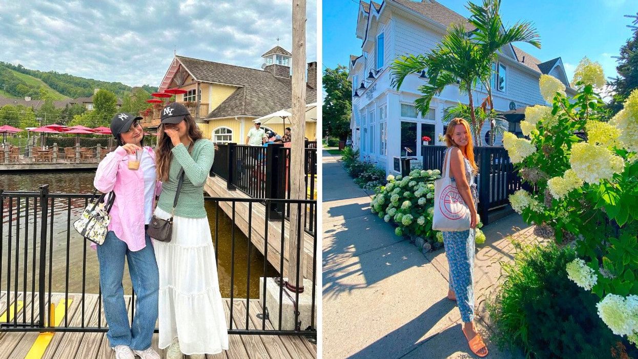 Two people standing on a boardwalk. Right: A person standing on a sidewalk by flowers.