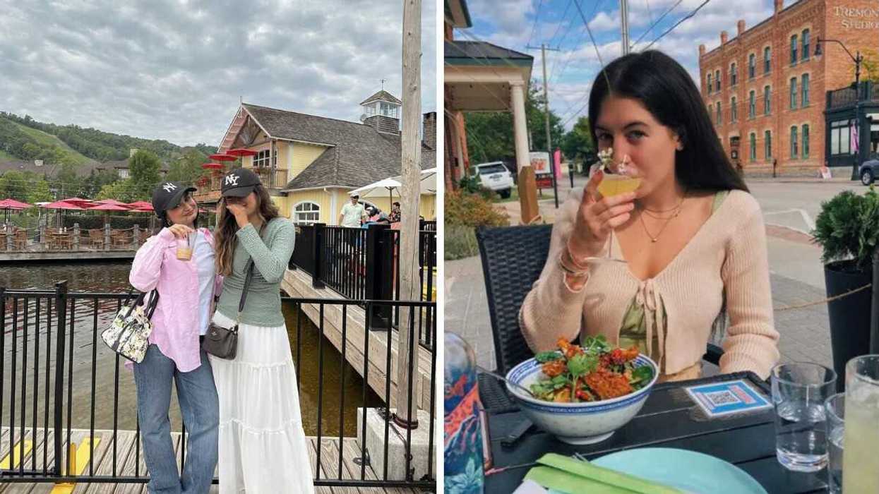 Two people standing on a dock. Right: A person at a restaurant.