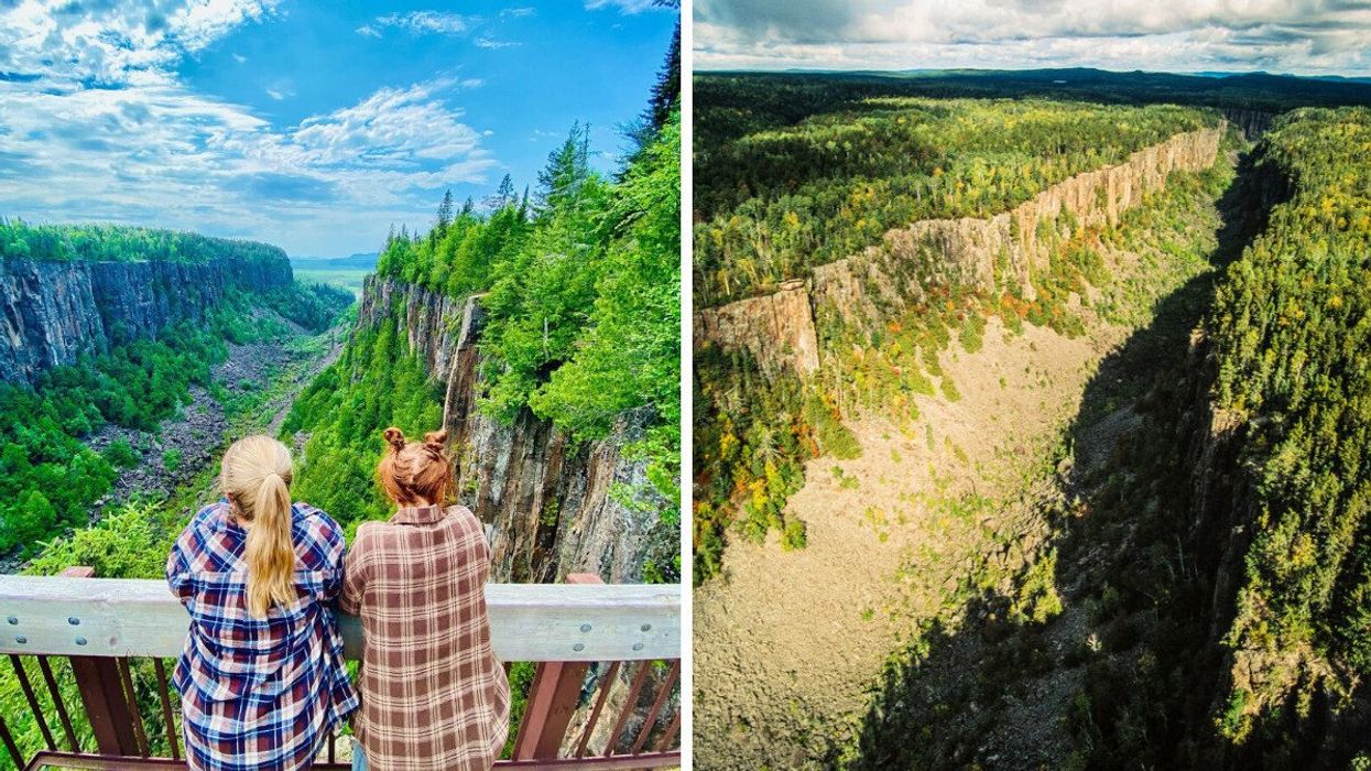 Two people standing on a lookout over a canyon. Right: A canyon.