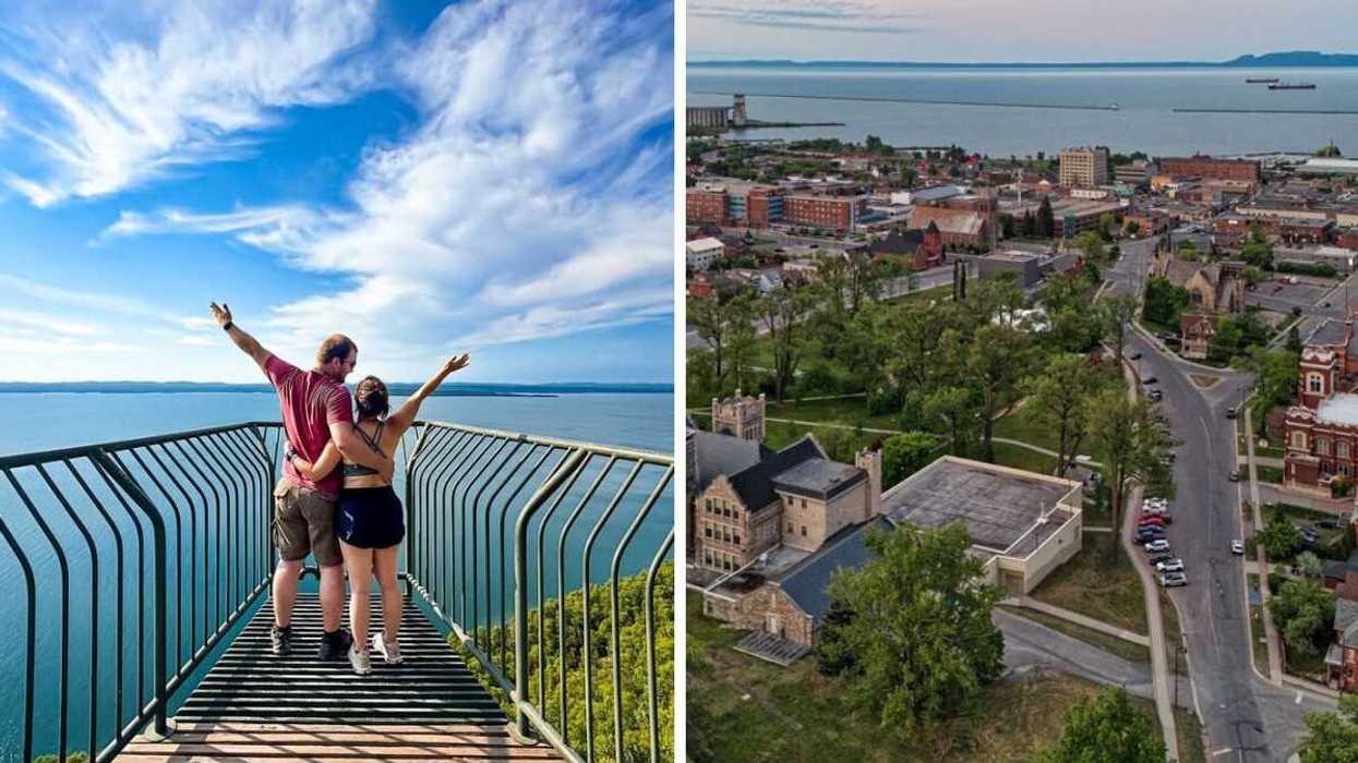 Two people standing on a lookout platform. Right: An aeiral view of a city.
