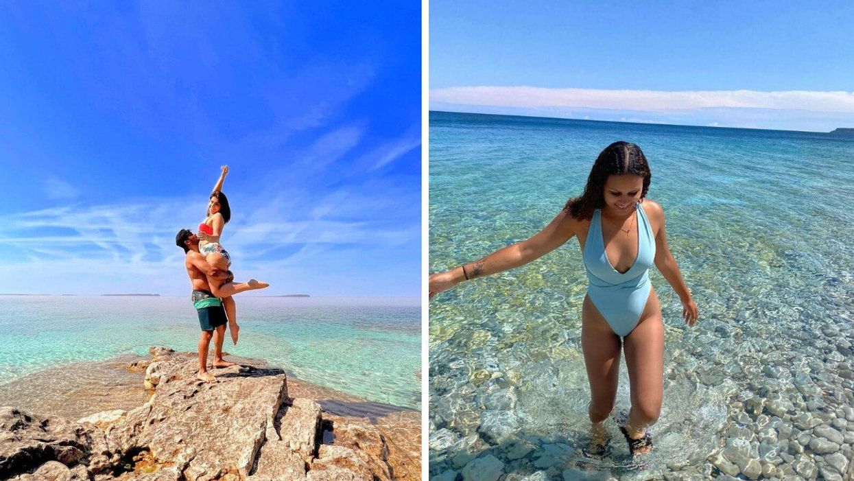 Two people standing on a rocky shore. Right: A person in crystal clear water.