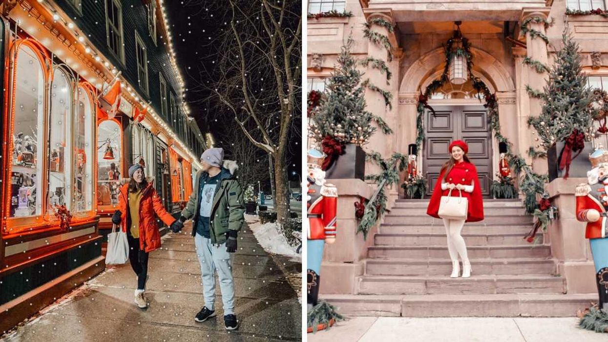 Two people standing on a street. Right: A person standing by Christmas decor.