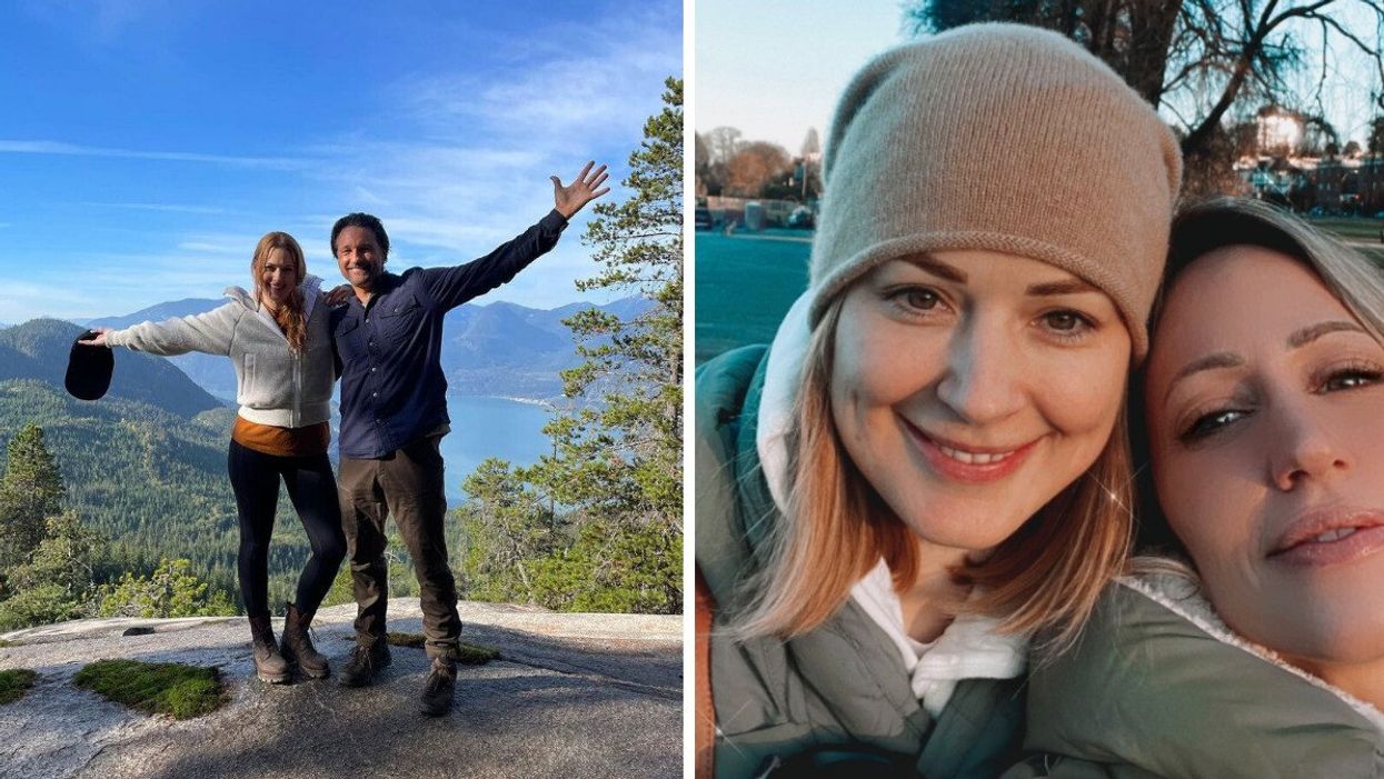 Two people standing on top of a mountain with a beautiful lake and mountains behind them. Right: Two people smiling for a selfie.