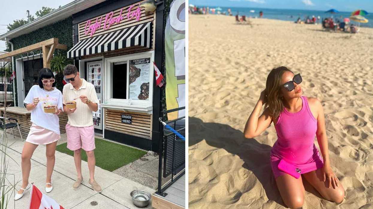 Two people standing outside a cafe. Right: A person sitting on a sandy beach.