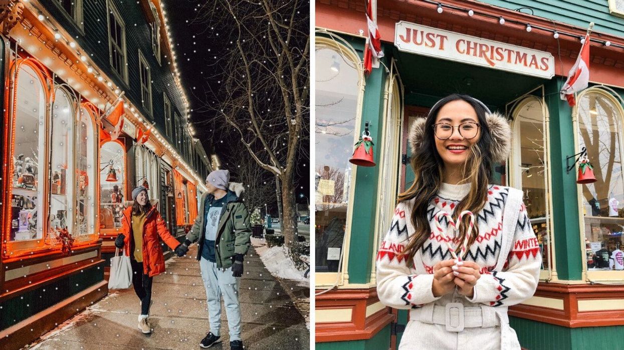 Two people standing outside a store. Right: A person holding candy canes.