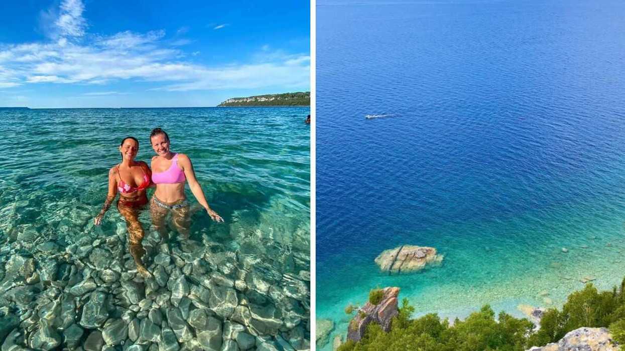 Two people swimming in clear water. Right: A shoreline with turquoise water.