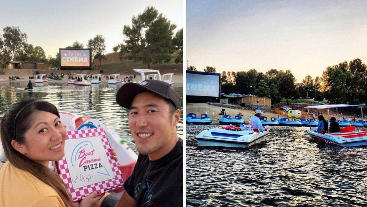 Two people taking a selfie while holding a pizza box. Right: Boats at the Boat Cinema in the Castaic Lake in California.