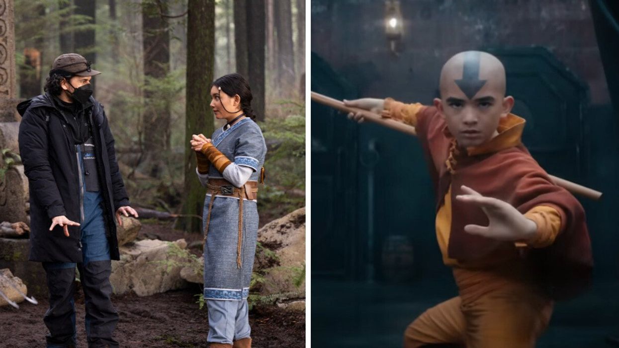 Two people talking in the woods on a film set. Right: A still image from the show Avatar: The Last Airbender.