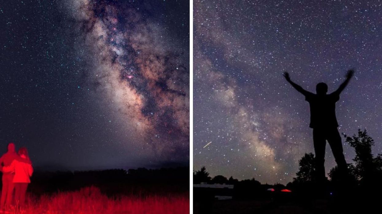 Two people underneath the Milky Way. Right: Someone looking at a sky full of stars.