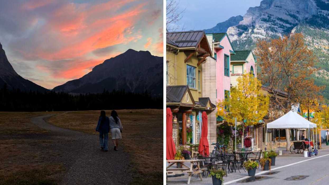 Two people walking along a trail with mountains in the distance, at sunset. Right: A sidewalk lined with colourful buildings and mountains in the backdrop.