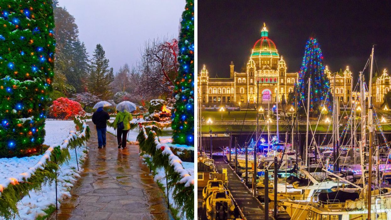 Two people walking around Butchart Gardens in Victoria. Right: The legislature building lit up with Christmas lights in Victoria, BC.