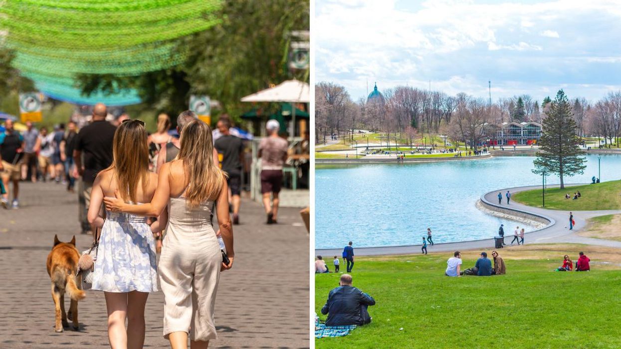 Two people walking in Montreal. Right: People sitting in a park.