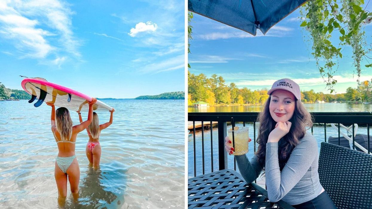Two people walking into a lake. Right: A person sitting on a patio.