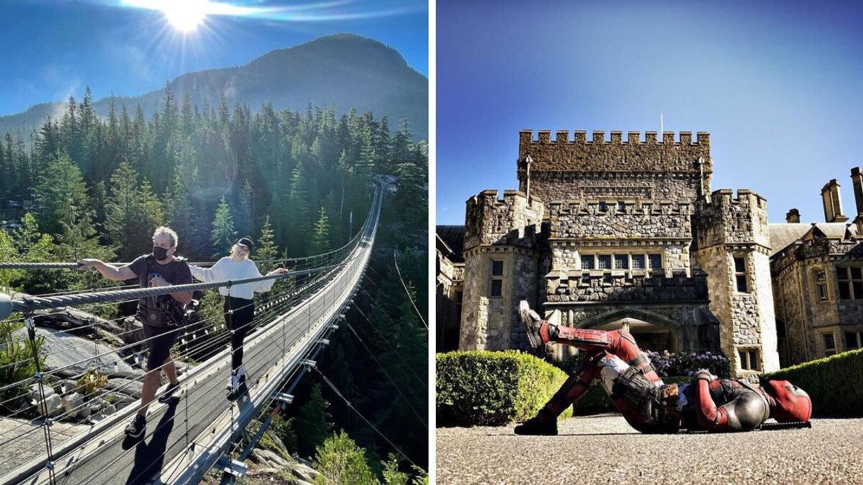 Two people walking on a suspension bridge with trees and mountains in the background. Right: A man in a red costume laying in front of a castle-like building.