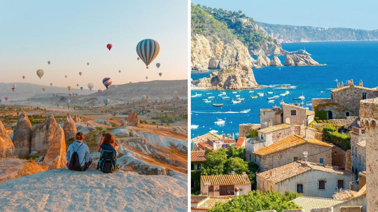 Two people watch hot air balloons in the air in Turkey. Right: A scenic photo of Costa Brava, Spain.