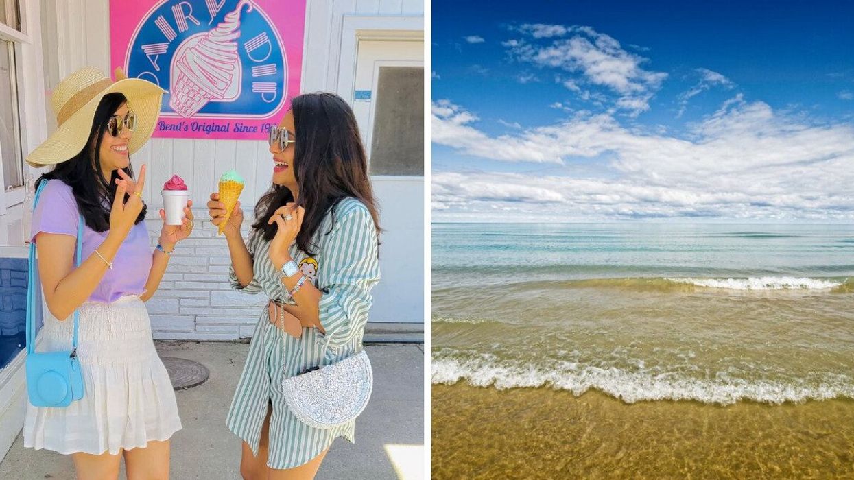 Two people with ice cream cones. Right: A sandy beach.