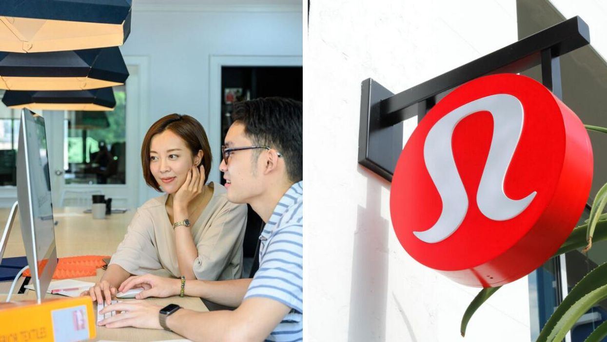 Two people working in an office. Right: Lululemon logo sign.