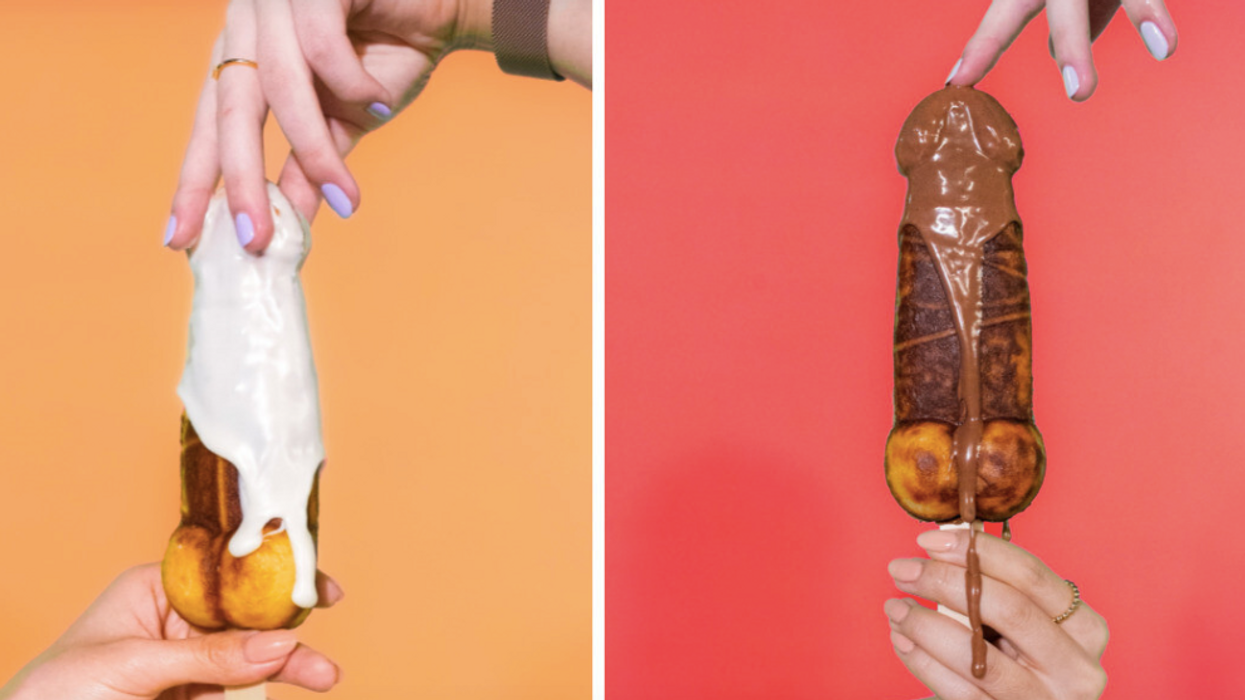 Two pictures of their phallic-shaped waffles.