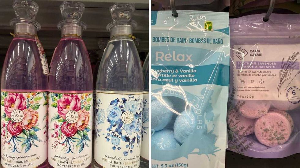 Two pink bottles and a blue bottle of clear liquid that says bubble bath on the front. Right: A blue bag with blue balls in it that says relax blueberry and vanilla bath bombs on the front next to a purple bag that says soothing lavendar scented shower steamers on it.