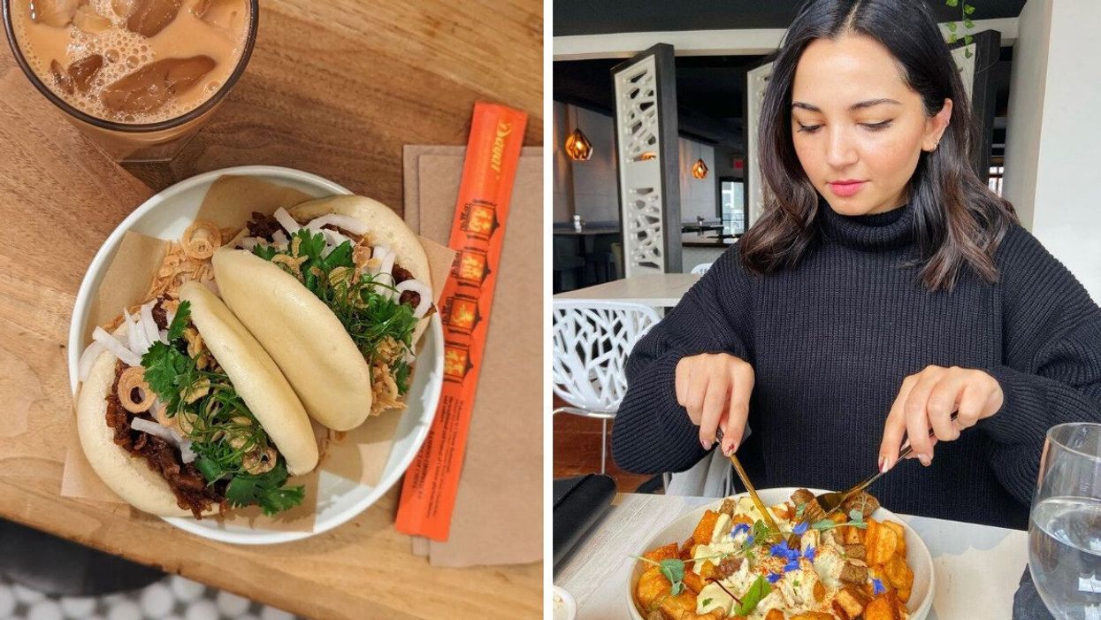 Two plant-based "brisket" baos. Right: Someone eating a vegan breakfast dish.
