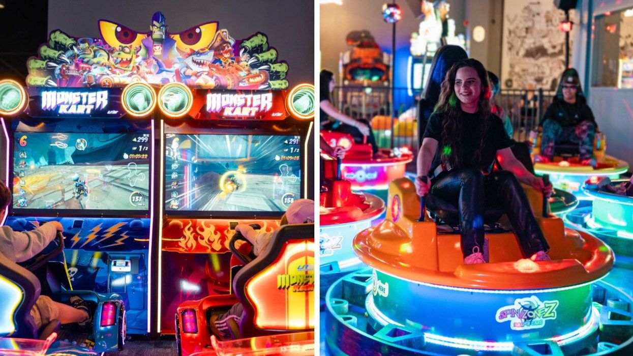 Two players racing in vibrant “Monster Kart” arcade machines with glowing neon lights. Right: A woman smiles while driving a colourful, LED-lit bumper car.