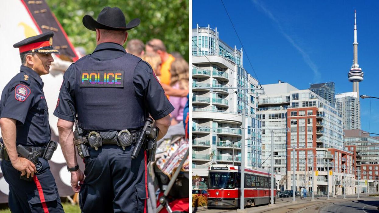 Two police officers. Right: A street in Toronto.
