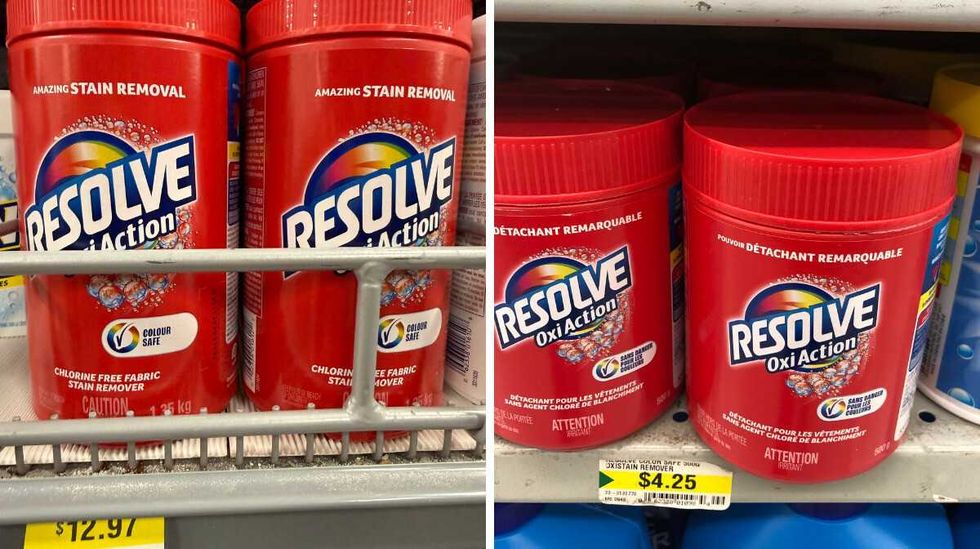 Two red tubs with white letters that say Resolve Oxi Action on the front. Right: Two red tubs with white letters that say Resolve Oxi Action on the front.