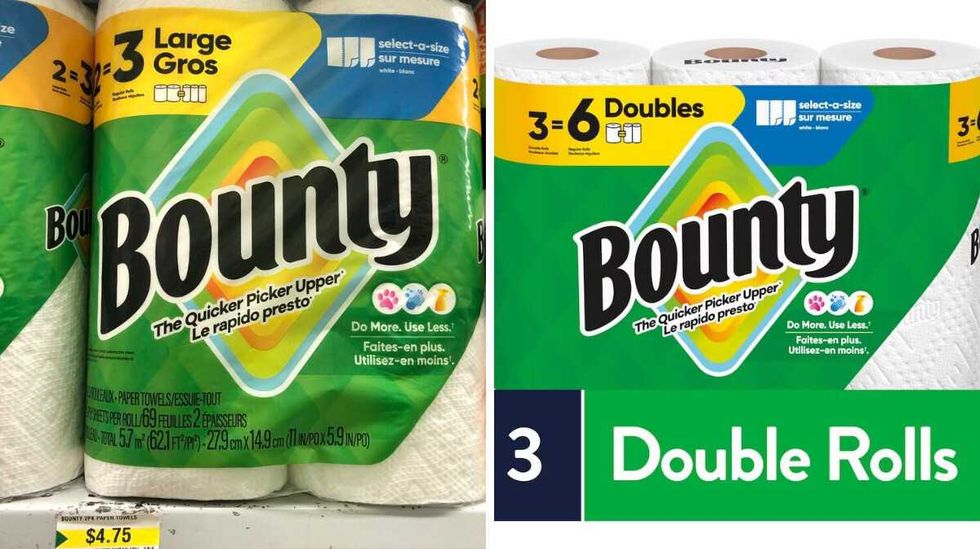 Two rolls of paper towel in green and black packaging that says Bounty on the front. Right: Three rolls of paper towel in green and black packaging that says Bounty on the front.